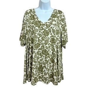 Lane Bryant Blouse Sz 18/20 (2X) Olive Green Floral V-Neck Short Sleeve Top